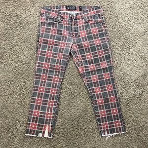 Gray and red flannel print pants
